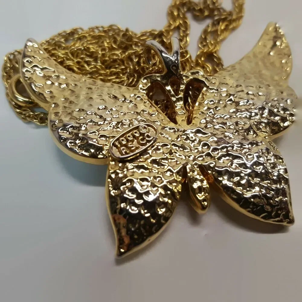 PS CO 1999 Butterfly Rhinestone Gold Tone Necklace